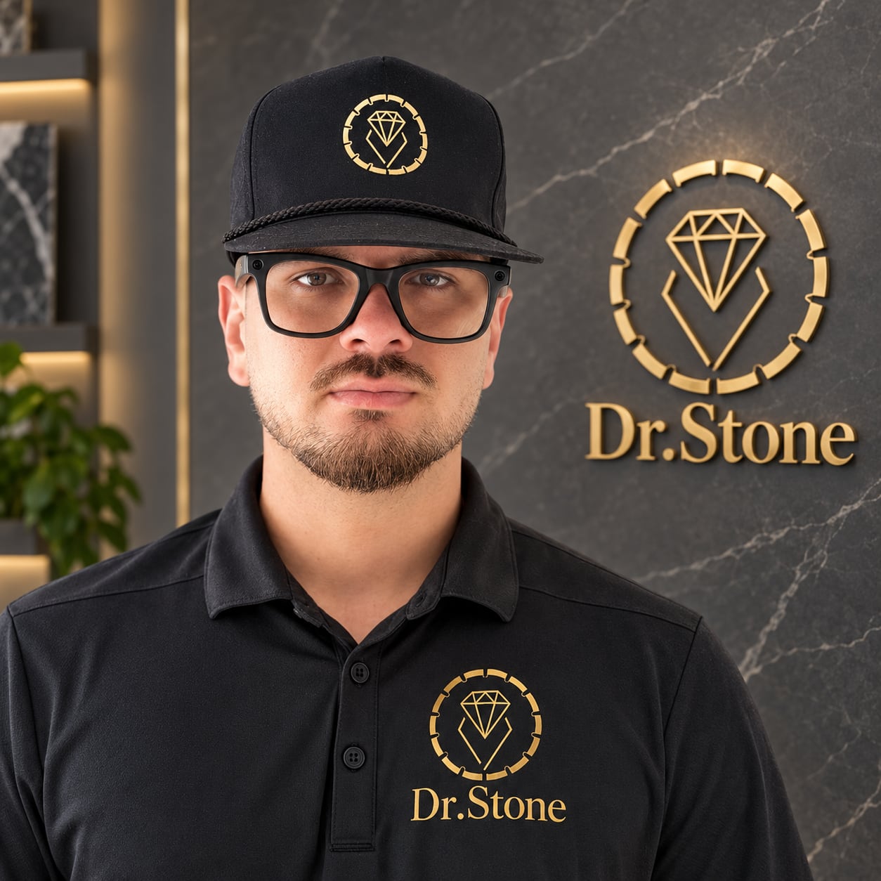 Portrait of a person wearing a Dr. Stone branded cap and polo